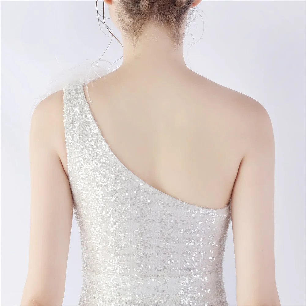 Erato-31359-Ostrich Fur One-Shoulder Slant Neck Beaded Maxi Dress