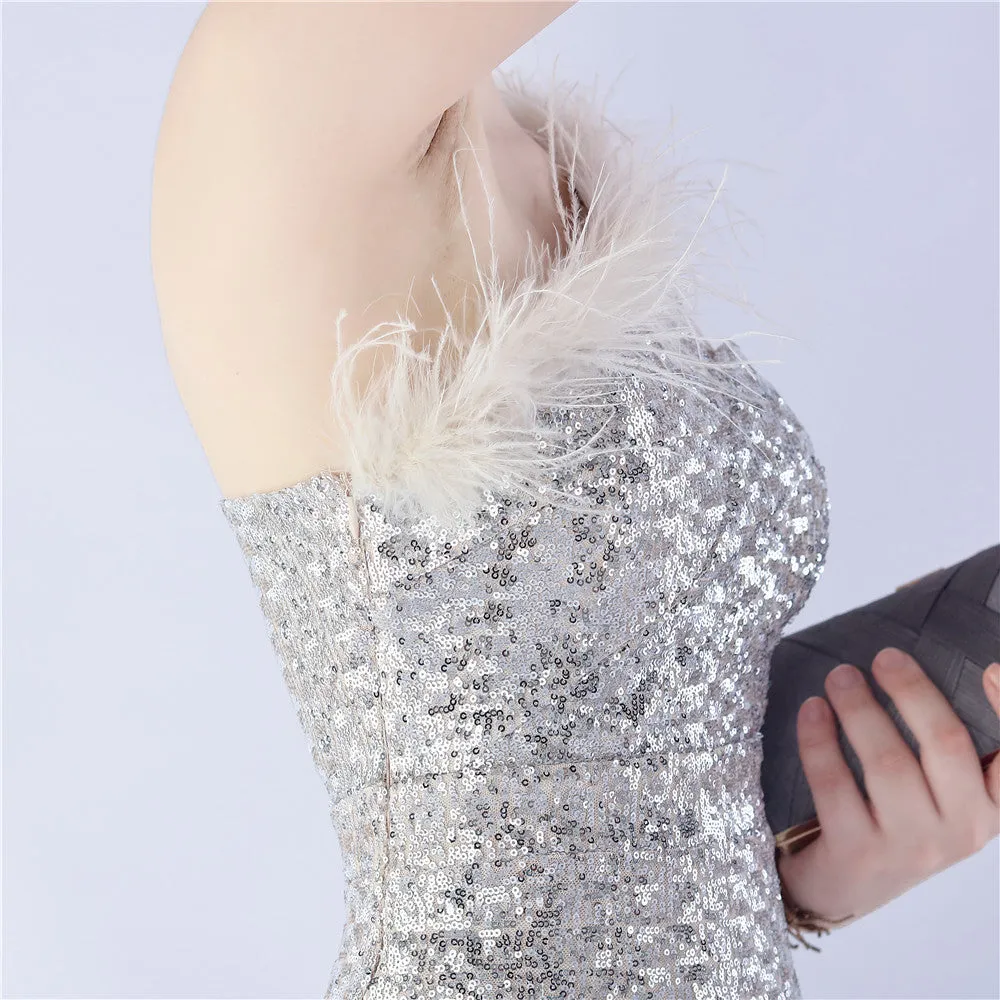 Erato-31359-Ostrich Fur One-Shoulder Slant Neck Beaded Maxi Dress