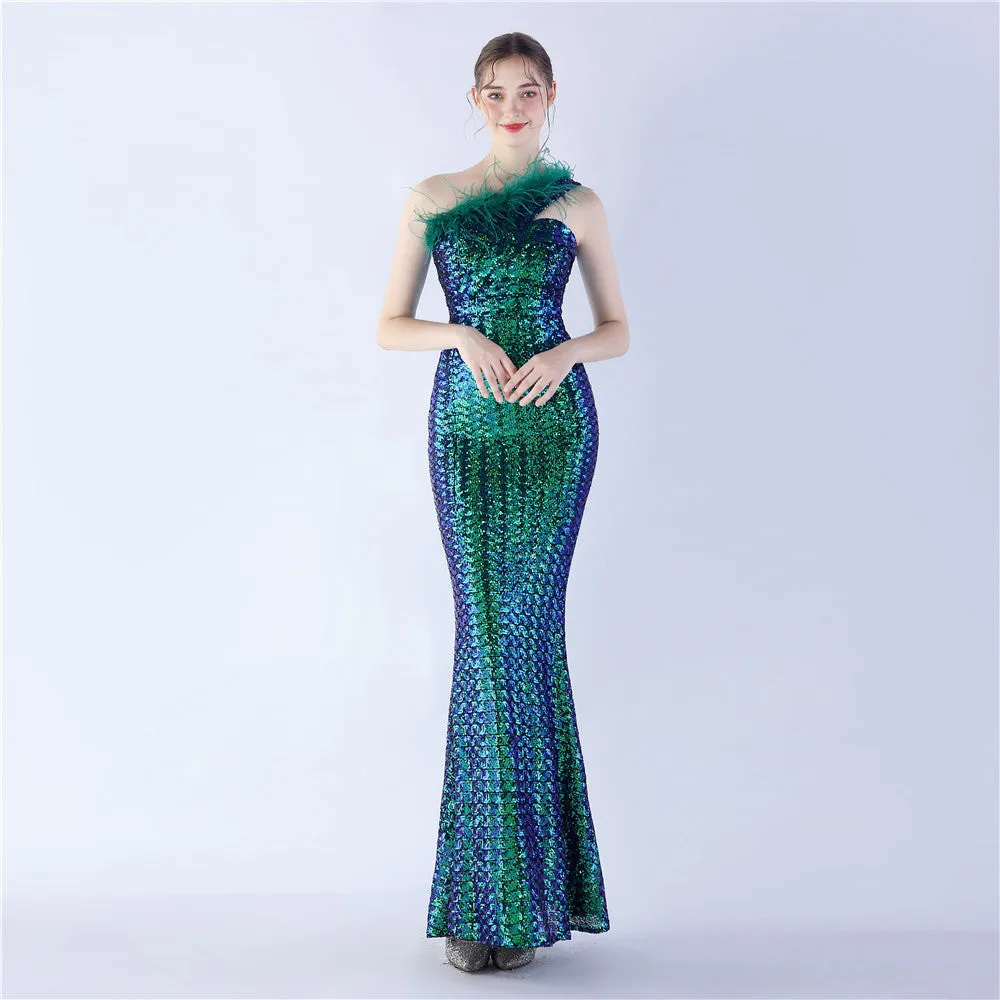 Erato-31359-Ostrich Fur One-Shoulder Slant Neck Beaded Maxi Dress