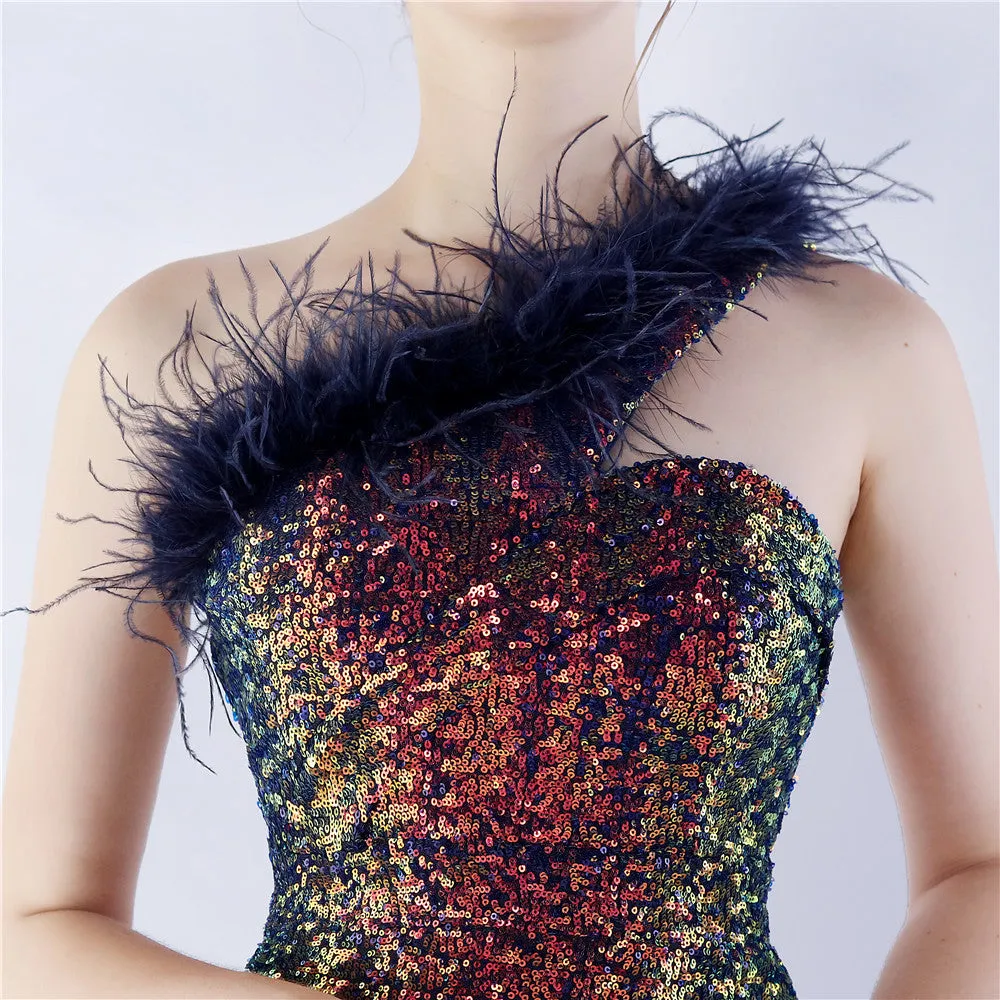 Erato-31359-Ostrich Fur One-Shoulder Slant Neck Beaded Maxi Dress