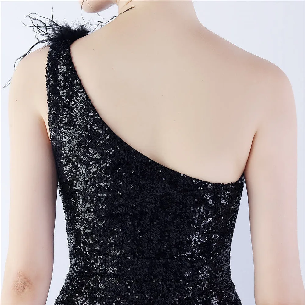 Erato-31359-Ostrich Fur One-Shoulder Slant Neck Beaded Maxi Dress