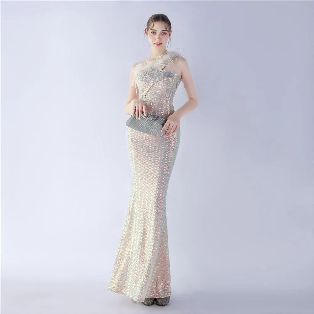 Erato-31359-Ostrich Fur One-Shoulder Slant Neck Beaded Maxi Dress