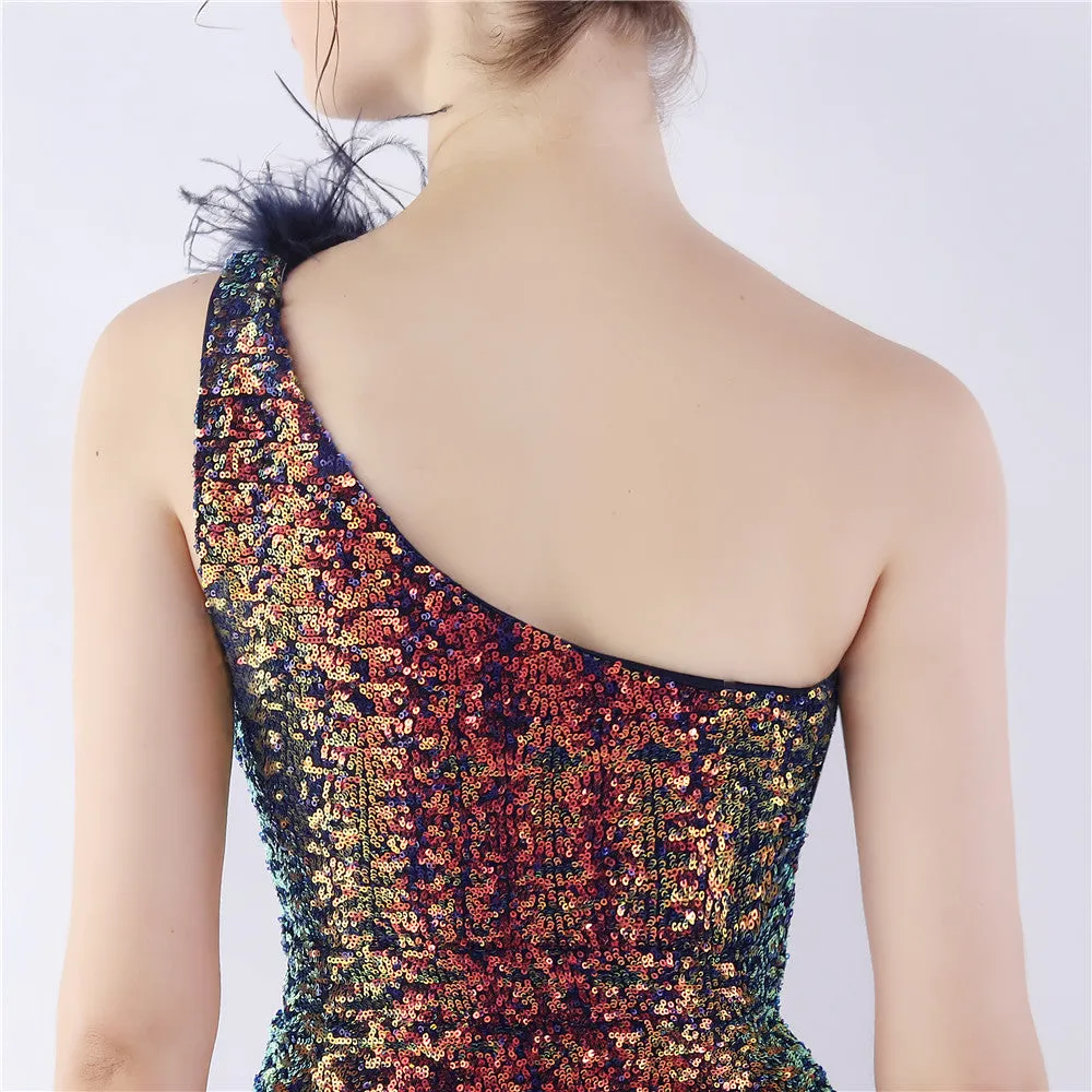 Erato-31359-Ostrich Fur One-Shoulder Slant Neck Beaded Maxi Dress