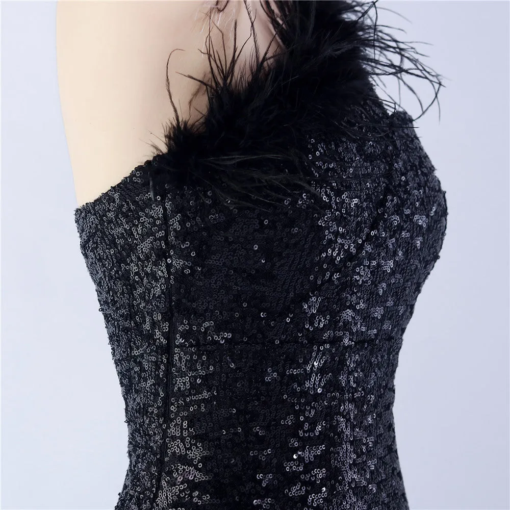 Erato-31359-Ostrich Fur One-Shoulder Slant Neck Beaded Maxi Dress