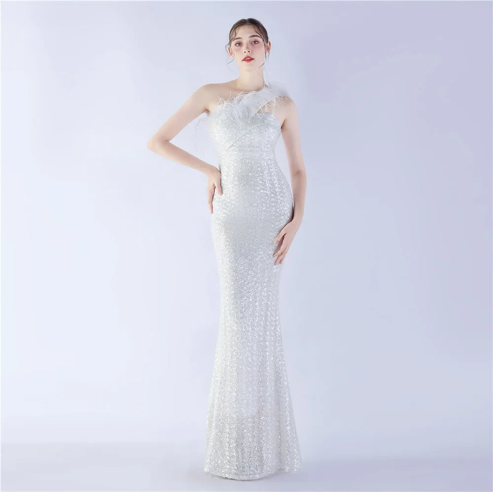 Erato-31359-Ostrich Fur One-Shoulder Slant Neck Beaded Maxi Dress