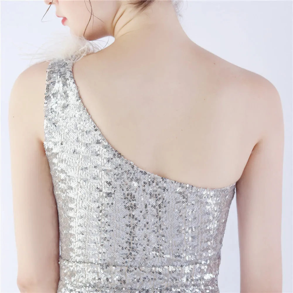 Erato-31359-Ostrich Fur One-Shoulder Slant Neck Beaded Maxi Dress