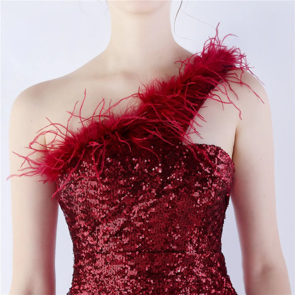 Erato-31359-Ostrich Fur One-Shoulder Slant Neck Beaded Maxi Dress