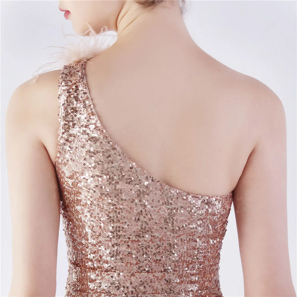 Erato-31359-Ostrich Fur One-Shoulder Slant Neck Beaded Maxi Dress