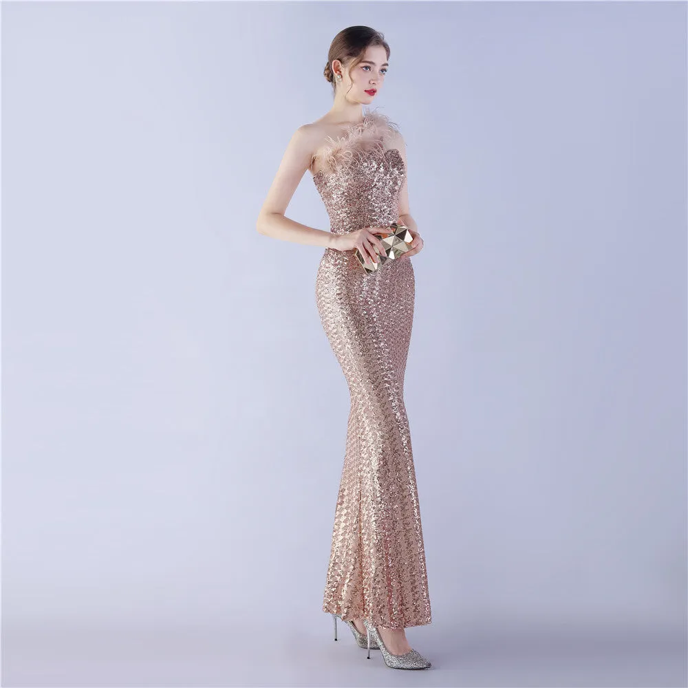 Erato-31359-Ostrich Fur One-Shoulder Slant Neck Beaded Maxi Dress