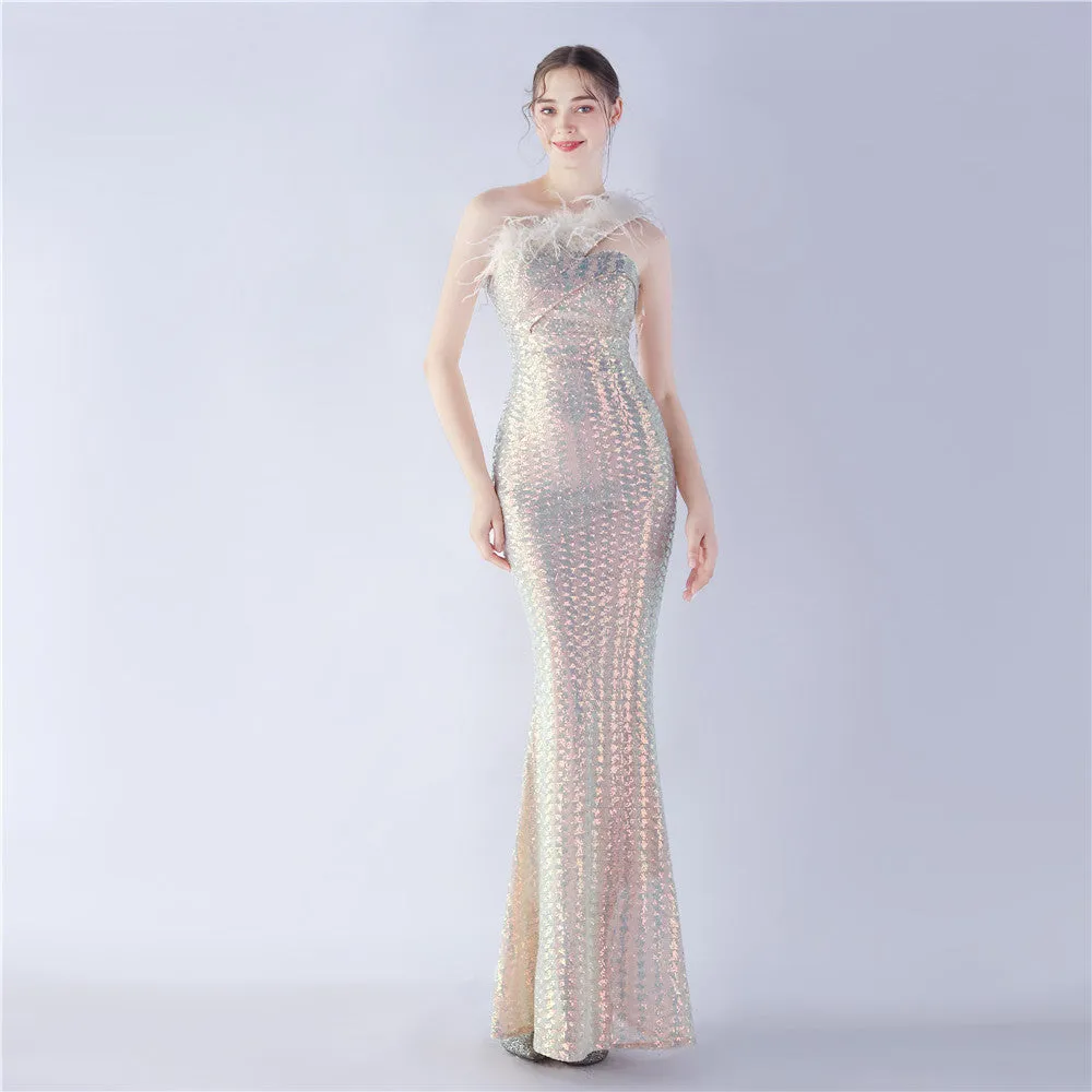 Erato-31359-Ostrich Fur One-Shoulder Slant Neck Beaded Maxi Dress