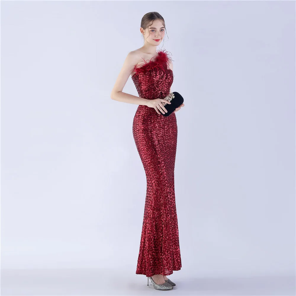 Erato-31359-Ostrich Fur One-Shoulder Slant Neck Beaded Maxi Dress