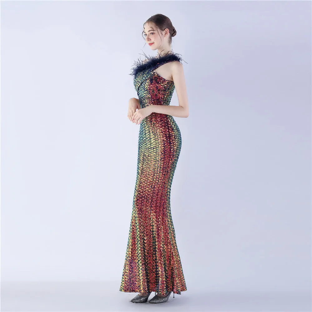 Erato-31359-Ostrich Fur One-Shoulder Slant Neck Beaded Maxi Dress