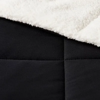 Full/Queen Faux Shearling Washed Microfiber Reversible Comforter Black - Room