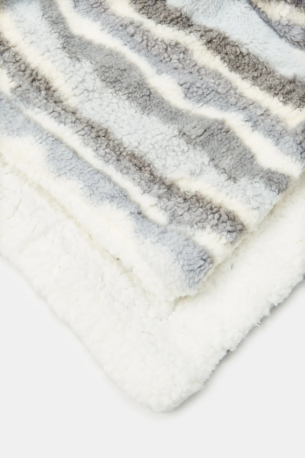 Grey And Ivory Textured Reversible Sherpa Blanket (Double Size)