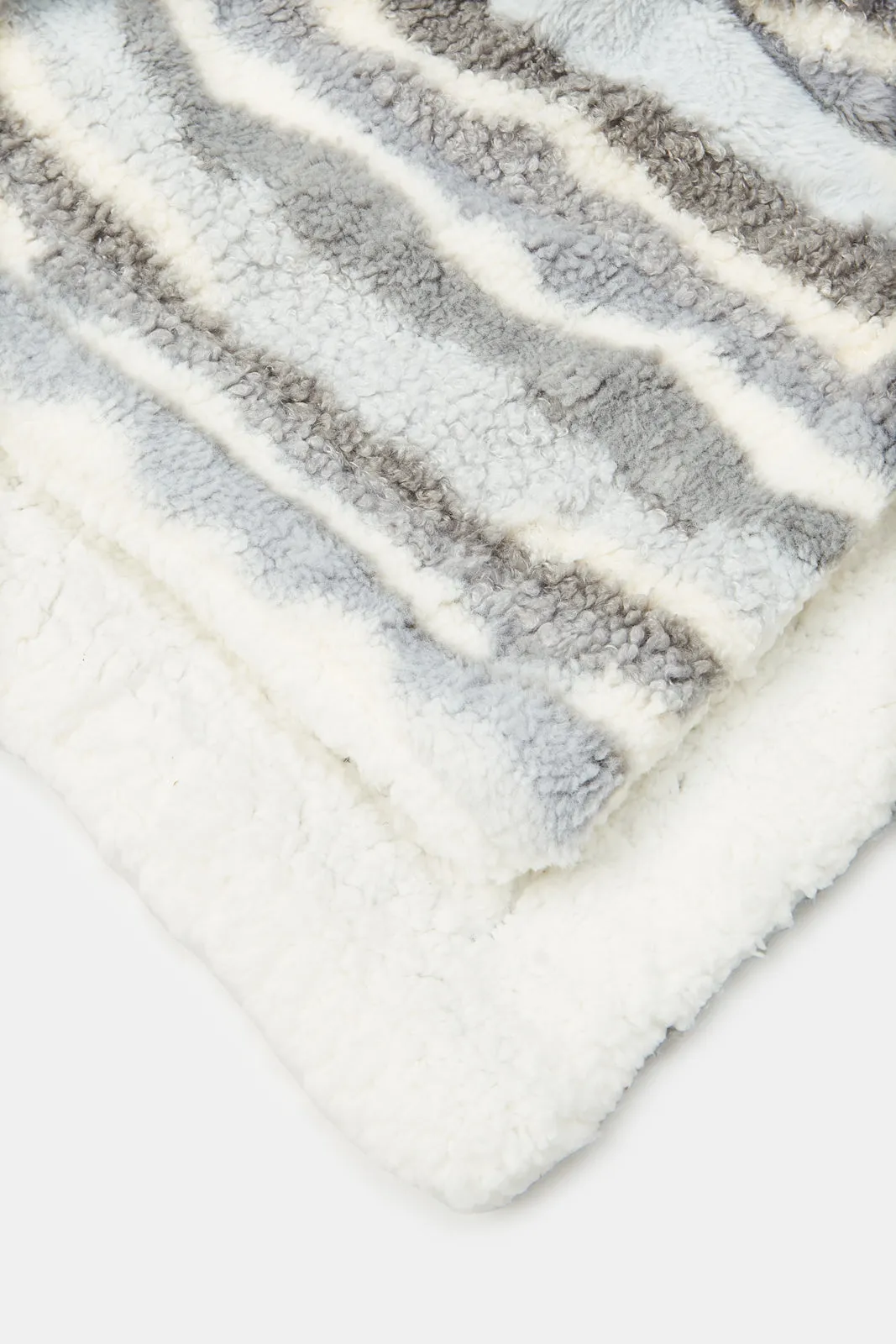 Grey And Ivory Textured Reversible Sherpa Blanket (Single Size)