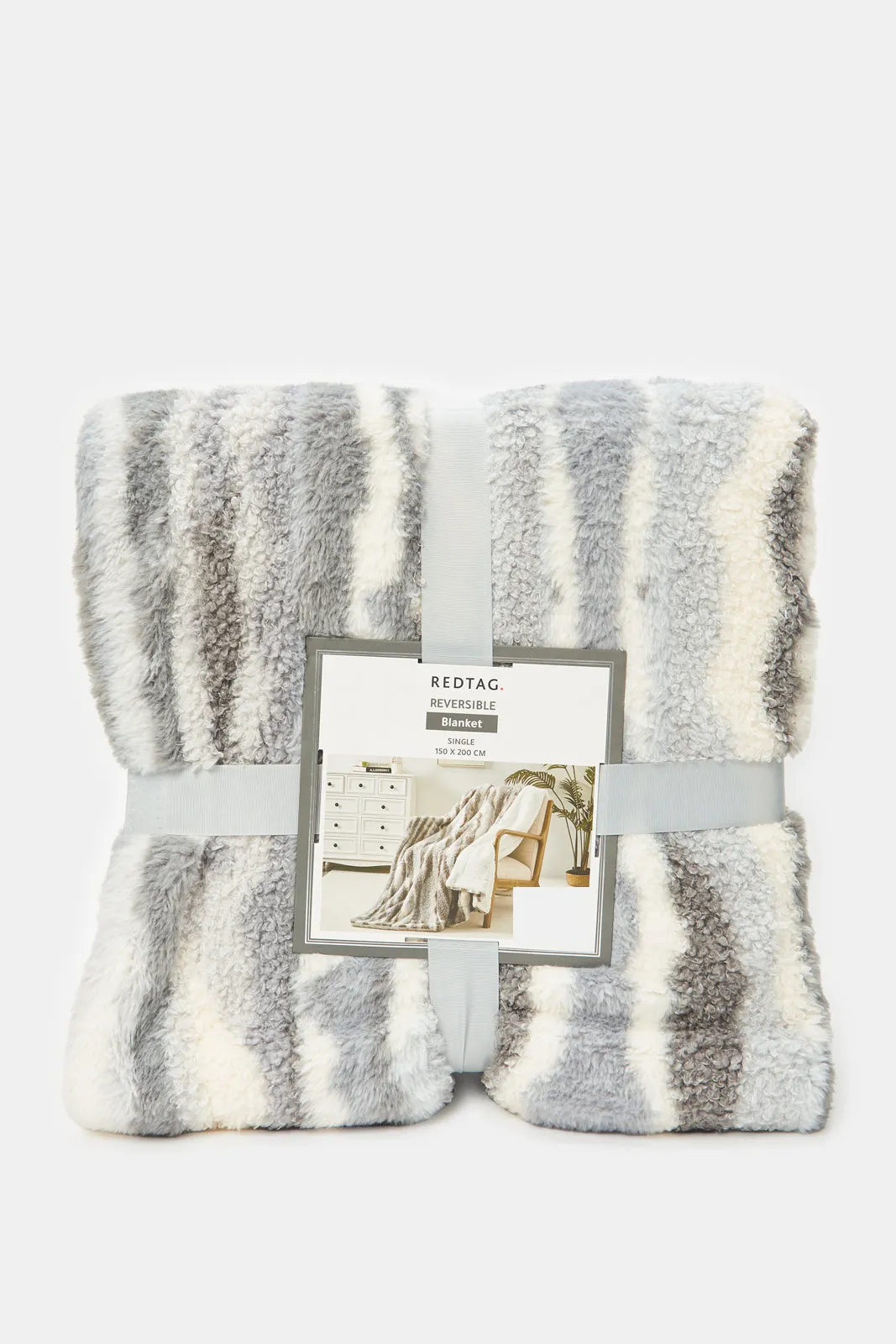 Grey And Ivory Textured Reversible Sherpa Blanket (Single Size)