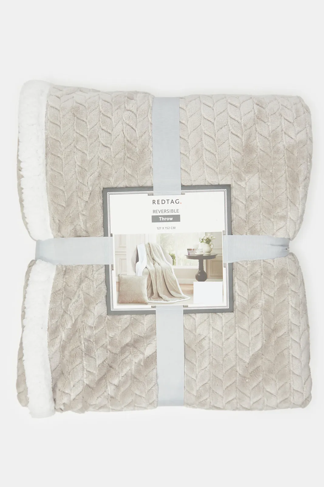 Grey And Ivory Textured Reversible Throw With Sherpa
