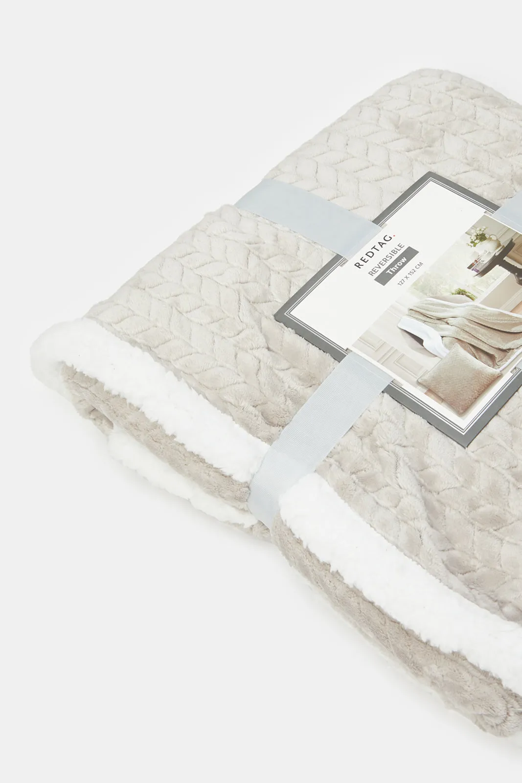 Grey And Ivory Textured Reversible Throw With Sherpa