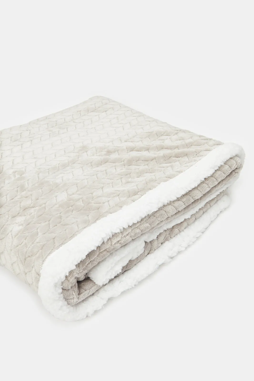 Grey And Ivory Textured Reversible Throw With Sherpa