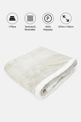 Grey And Ivory Textured Reversible Throw With Sherpa