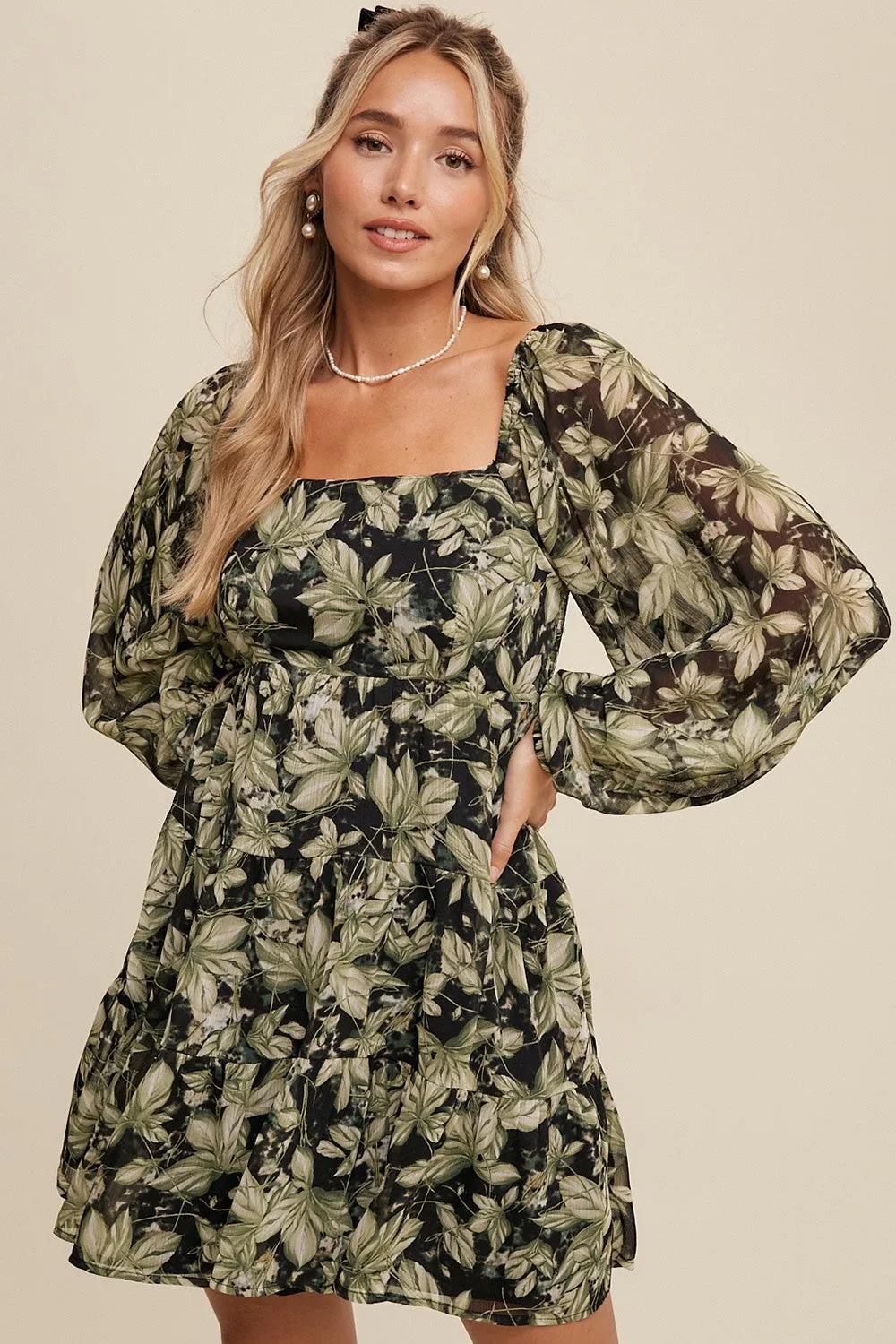 Kali Leaf Print Square Neck Tiered Mini Dress