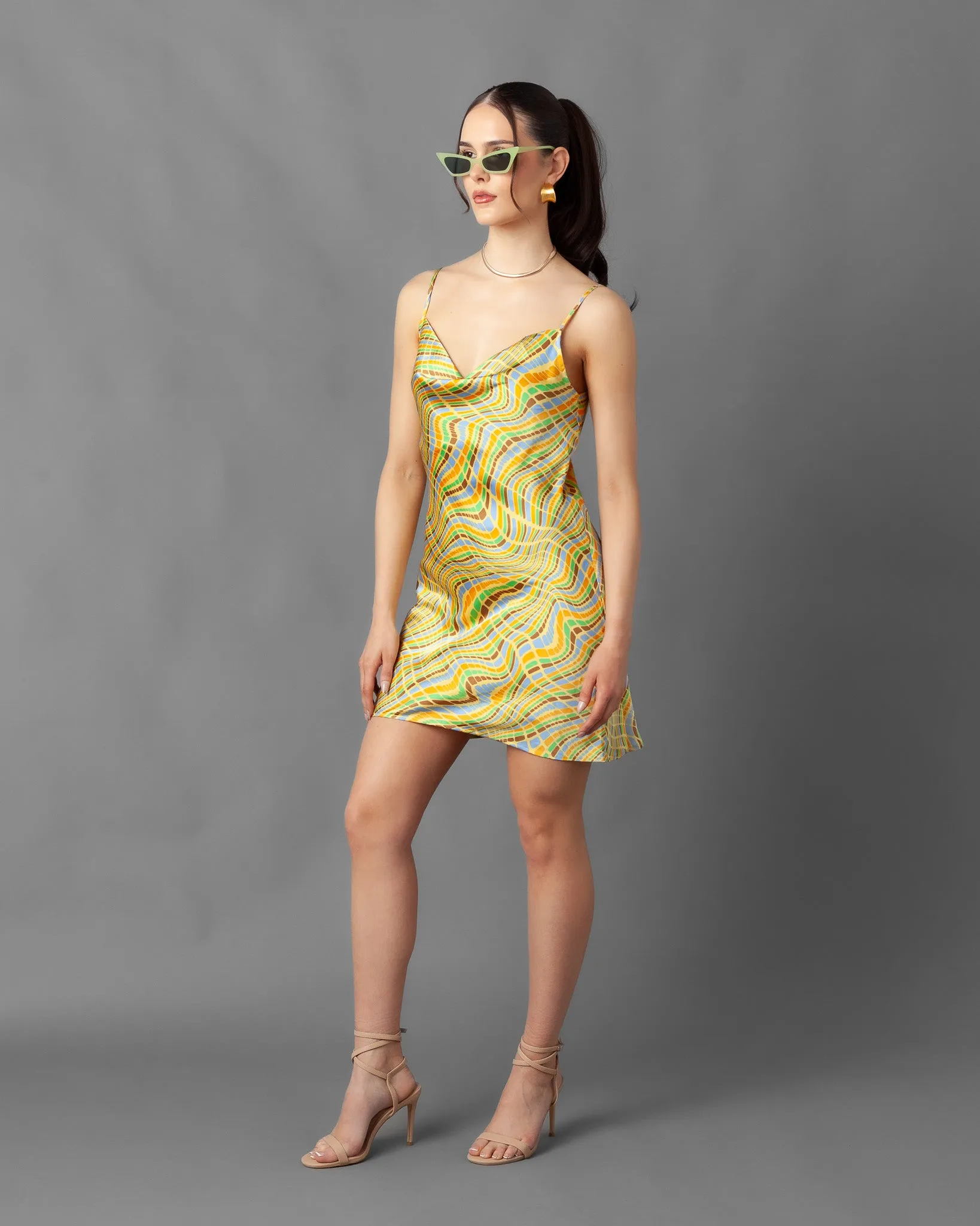 Lima Abstract Cowl Neck Silky Slip Mini Dress