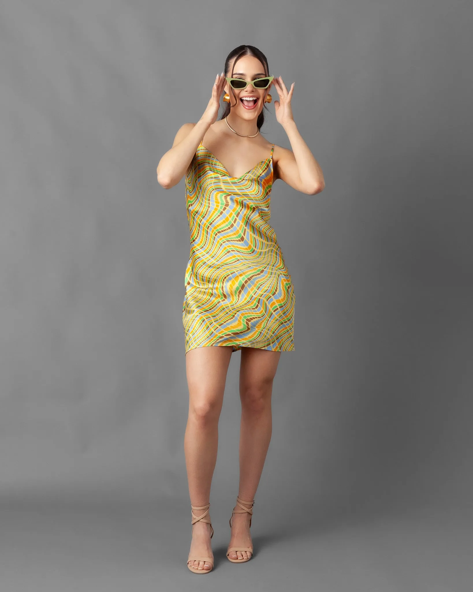 Lima Abstract Cowl Neck Silky Slip Mini Dress