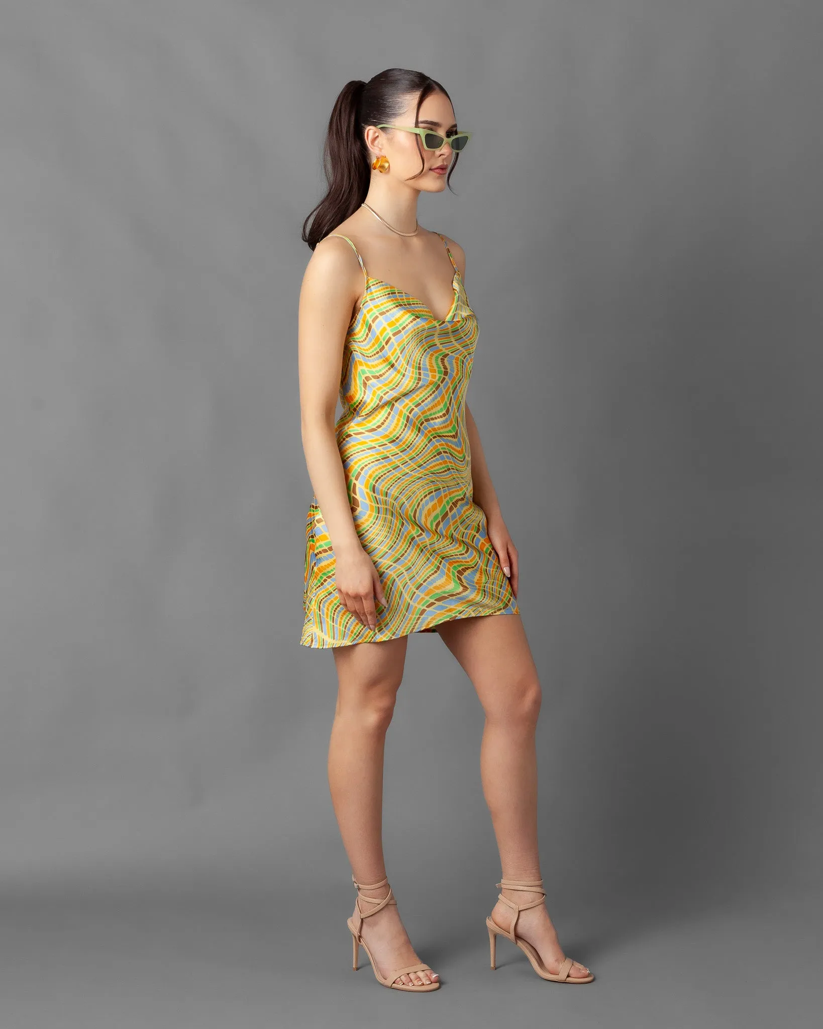 Lima Abstract Cowl Neck Silky Slip Mini Dress
