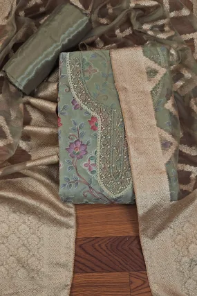 Mint green Embellished Ethnic Motif Printed Organza Dress Material	With Dupatta