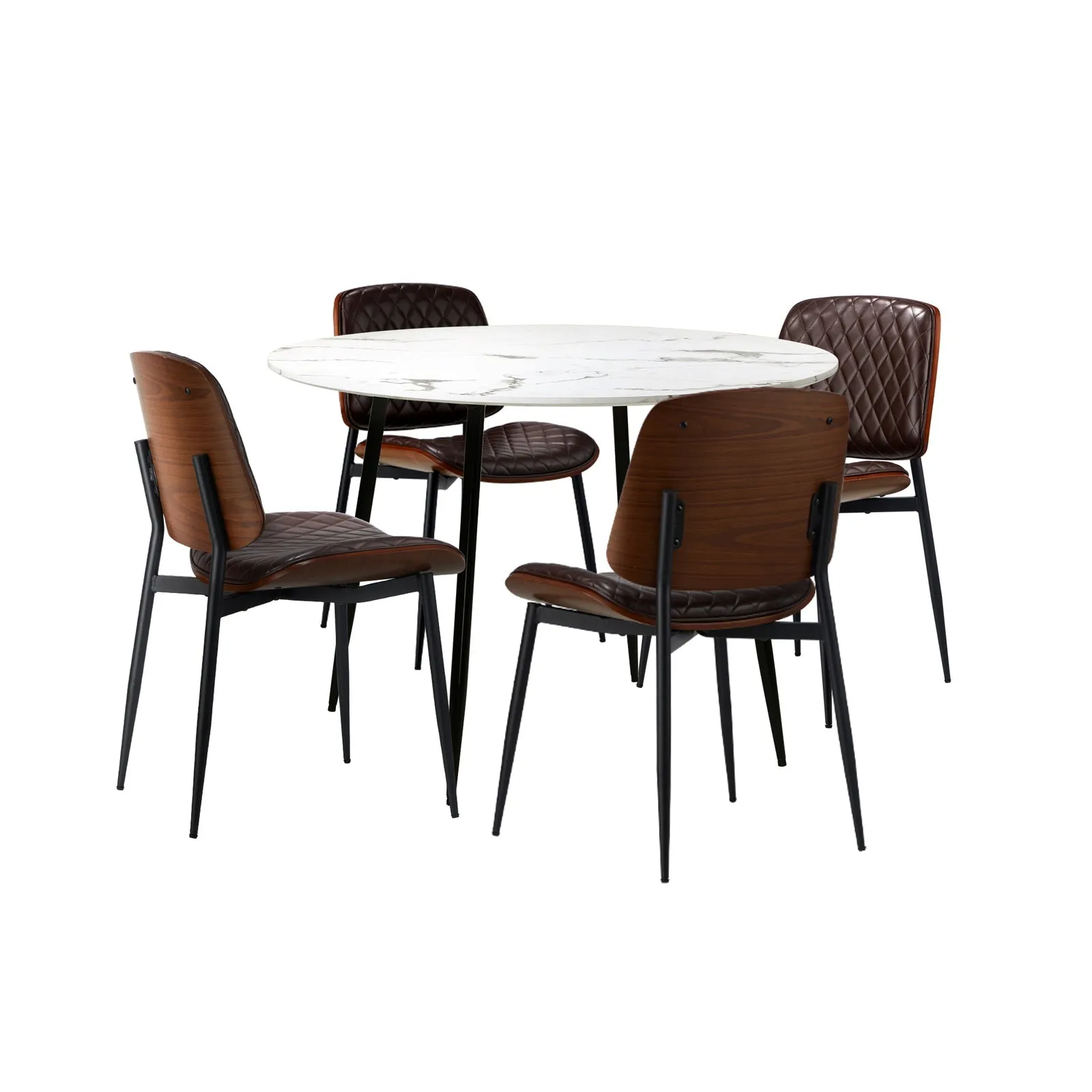 Oikiture 110cm Round Dining Table with 4PCS Dining Chairs PU Walnut