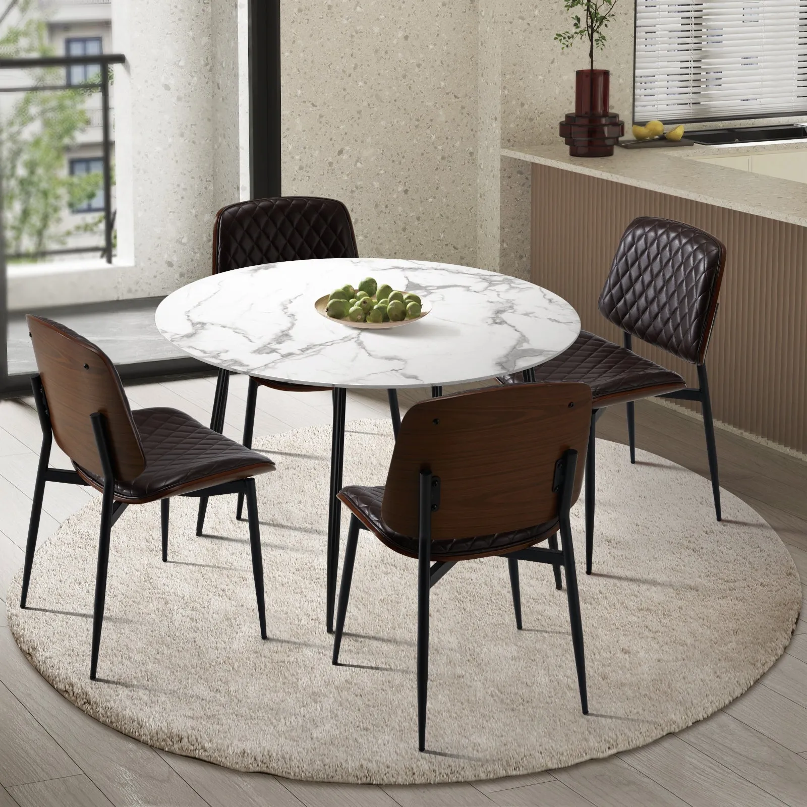 Oikiture 110cm Round Dining Table with 4PCS Dining Chairs PU Walnut