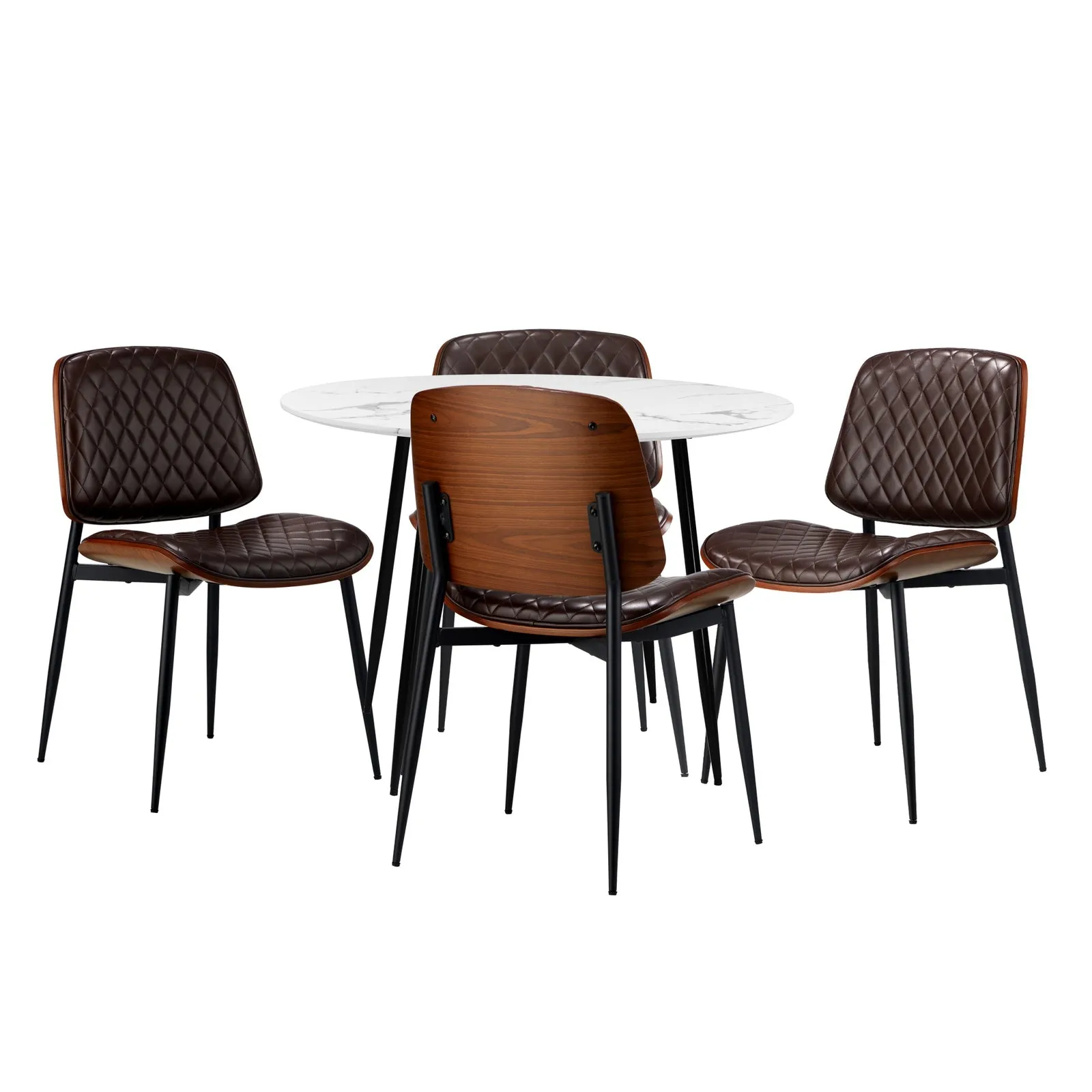 Oikiture 110cm Round Dining Table with 4PCS Dining Chairs PU Walnut