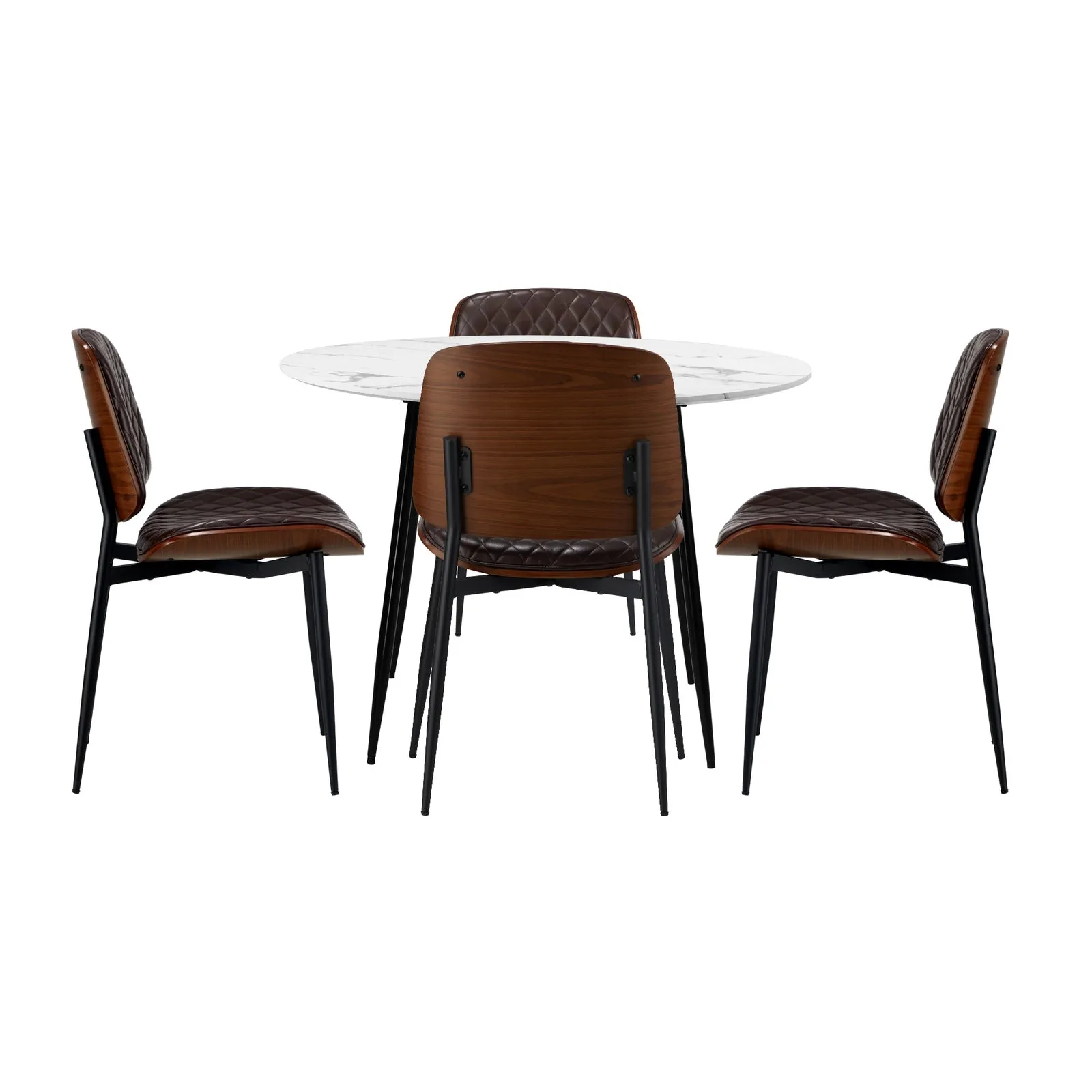 Oikiture 110cm Round Dining Table with 4PCS Dining Chairs PU Walnut